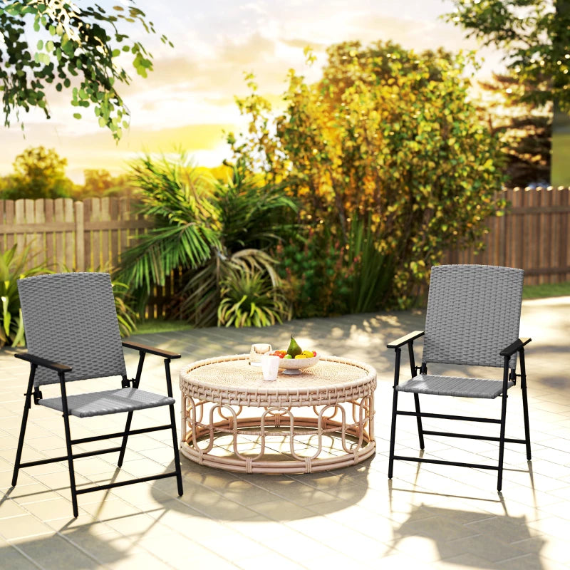 Set of Two Grey Folding Rattan Seat Chairs - Outdoor Patio Furniture