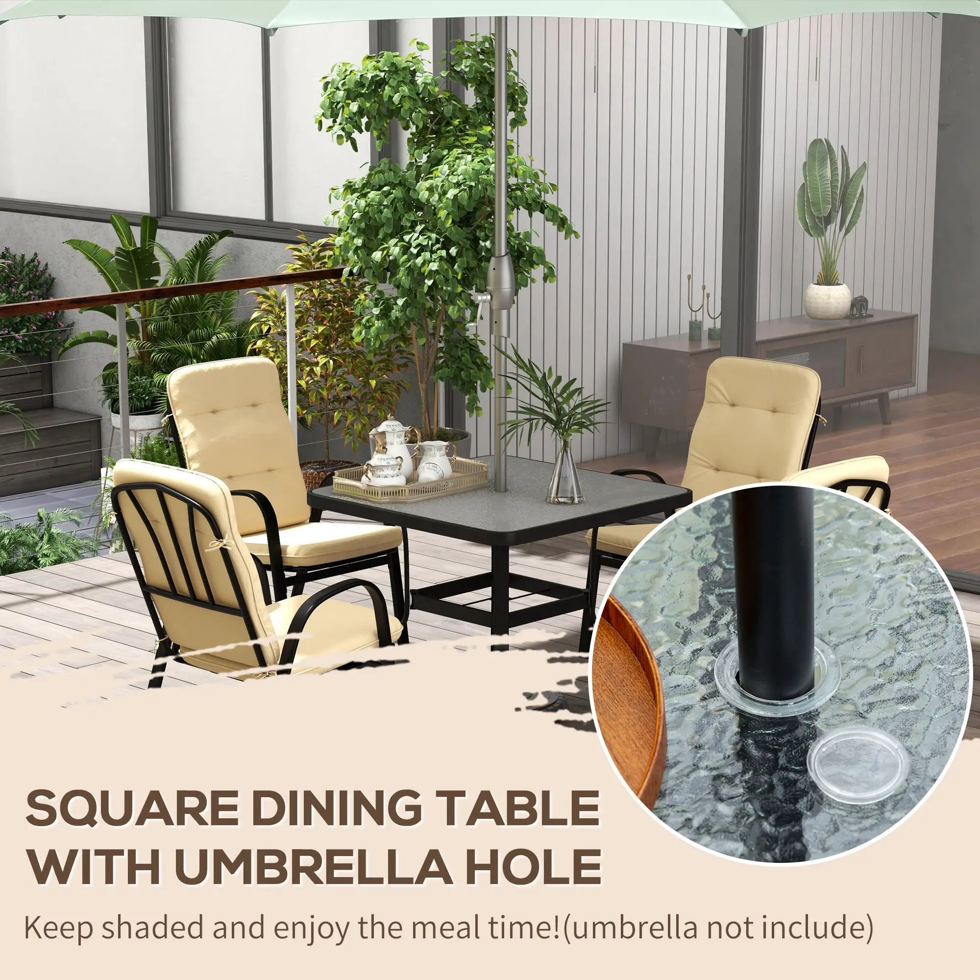 Beige 5-Piece Outdoor Square Garden Dining Set w/ Tempered Glass Dining Table, 4 Cushioned Armchairs & Umbrella Hole