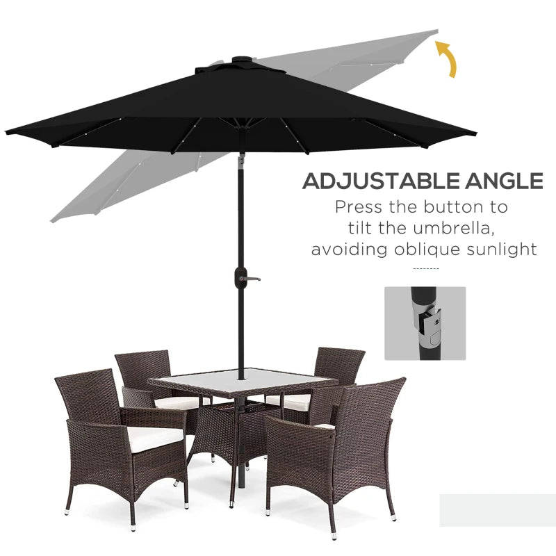 Black 2.7m Patio Umbrella with Tilt Crank and LED Lights