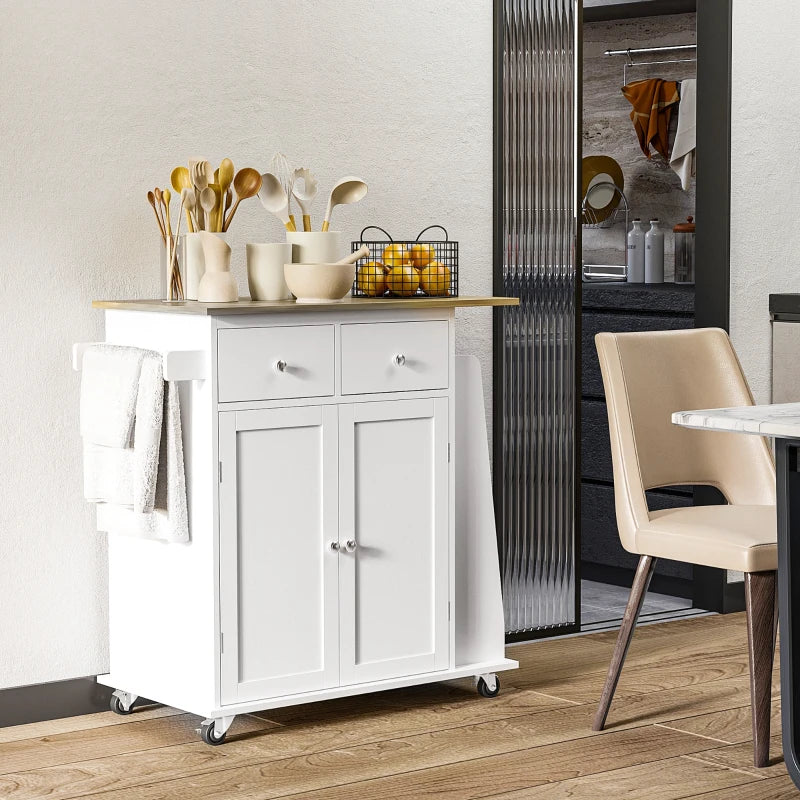 Mobile Kitchen Island on Wheels - Rolling Storage Trolley with Rubber Wood Top, 2-Door Cabinets, Adjustable Shelf & Spice Rack
