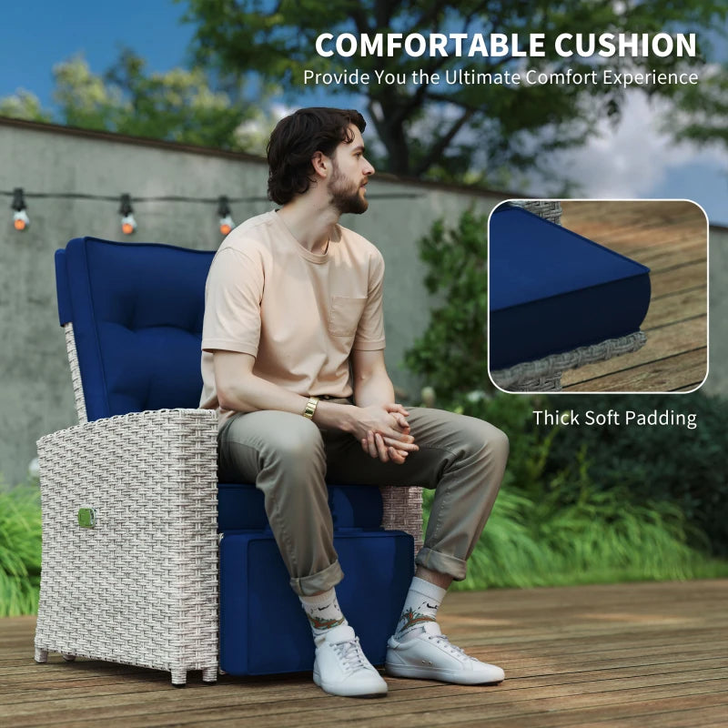 4 Piece Navy Blue Rattan Garden Furniture Set - Outdoor Sofa Sectional with Glass Top Table for Poolside