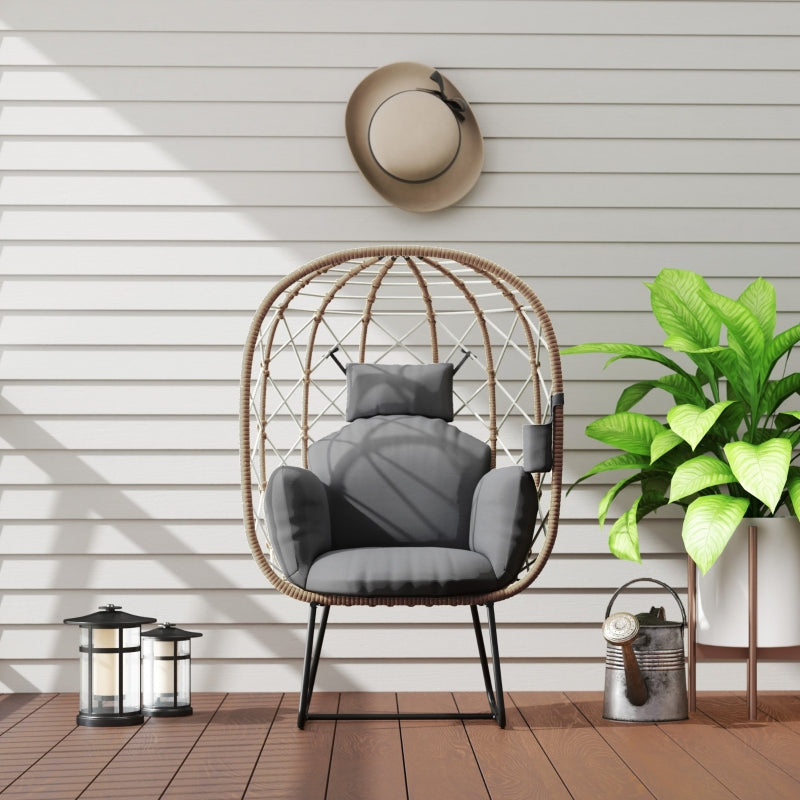 Brown Rattan Egg Chair - Outdoor Indoor Wicker Chair with Thick Cushion & Headrest, Metal Frame Garden Egg Chair with Cup Holder, Perfect for Patio & Balcony