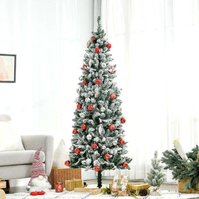 6 Ft Snow Flocked Artificial Christmas Tree - Realistic Pencil Tree with Auto Open & Pinewood Base - Green Xmas Decor
