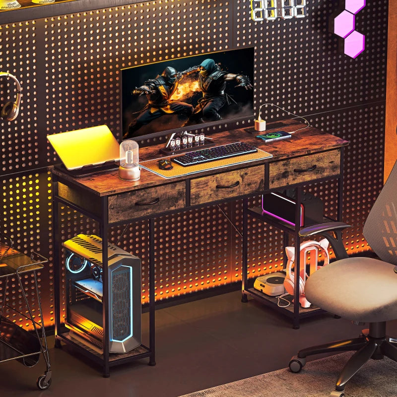 Rustic 120cm Computer Desk with Power Outlets, Fabric Drawers & Storage Shelves - Stylish Office Study Table in Brown