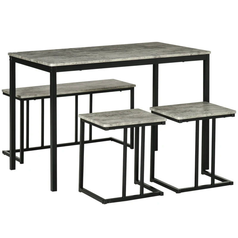 Concrete Effect Dining Table and Chairs Set for 4 - Stylish Kitchen Bench Set with Steel Frame, Grey 4-Piece Dining Room Furniture