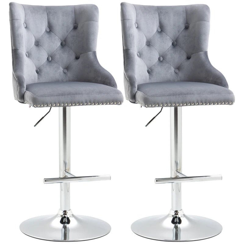 Modern Velvet Bar Stools Set of 2 - Adjustable Swivel Design with Button Tufted Back & Nailhead Trim, Grey