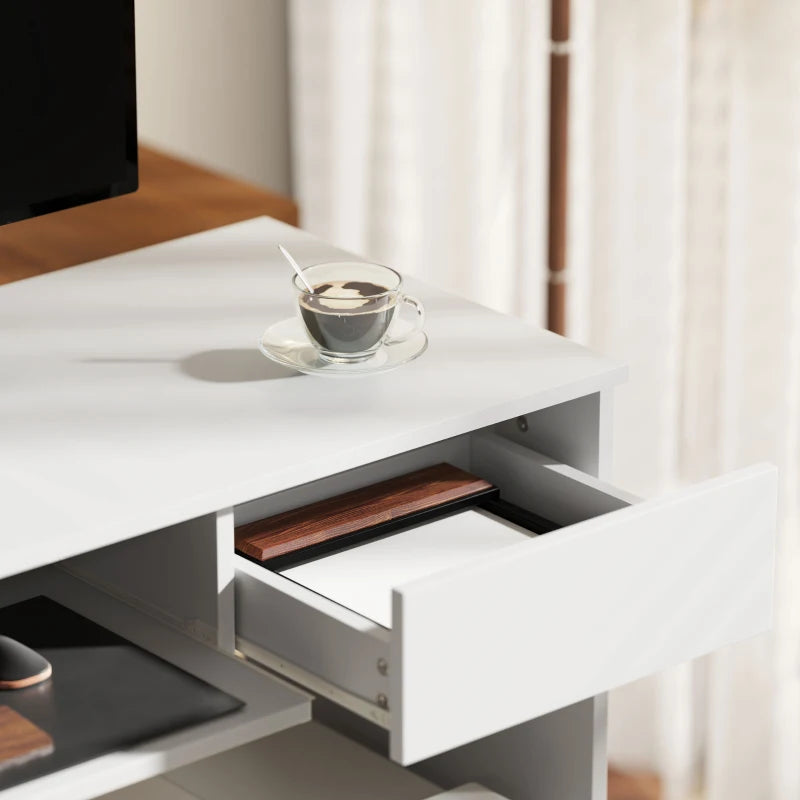 100cm Compact Computer Desk with Keyboard Tray & Drawer - Stylish Home Office Desk for Bedroom Study, White Finish