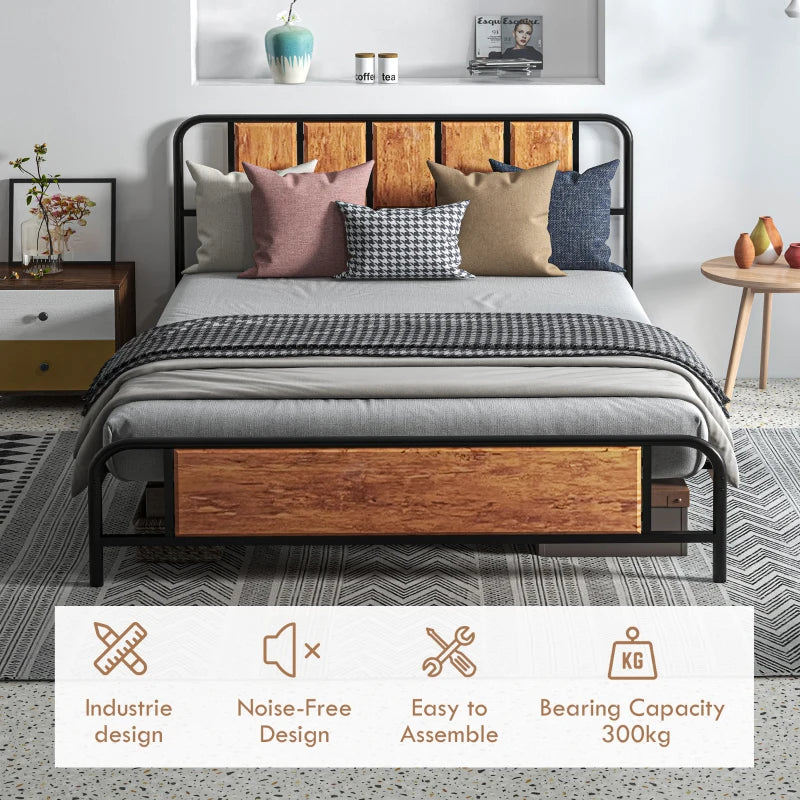 5.2ft King Bed Frame with Industrial Wood Headboard, Steel Slats & 31cm Underbed Storage - Rustic Brown, 160x207cm