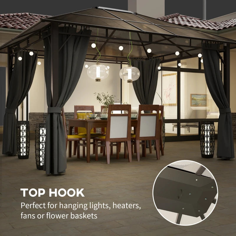 3 x 3.6m Hardtop Gazebo Canopy - Dark Grey Polycarbonate Roof Garden Pavilion with Removable Curtains and Steel Frame
