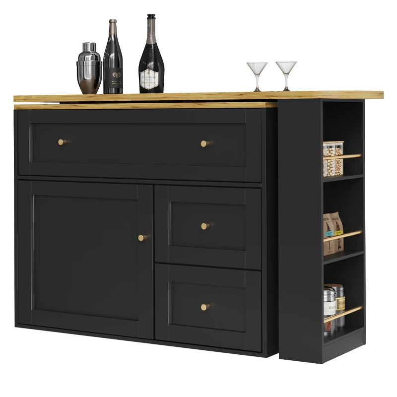 Extendable Bar Table with Storage, 360° Rotating Base & Snack Shelf, Folding Drawers, Black Bistro Table - 204L x 39W x 105H cm