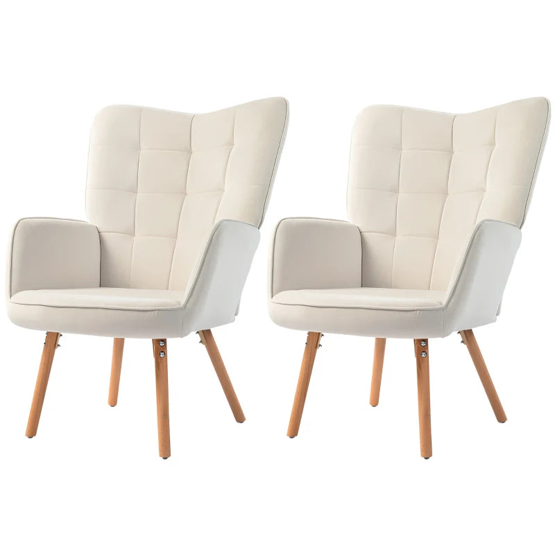 Modern Velvet Accent Chair Set of 2 - Tufted Wingback Armchairs, Cream White Upholstered Lounge Chairs with Wood Legs