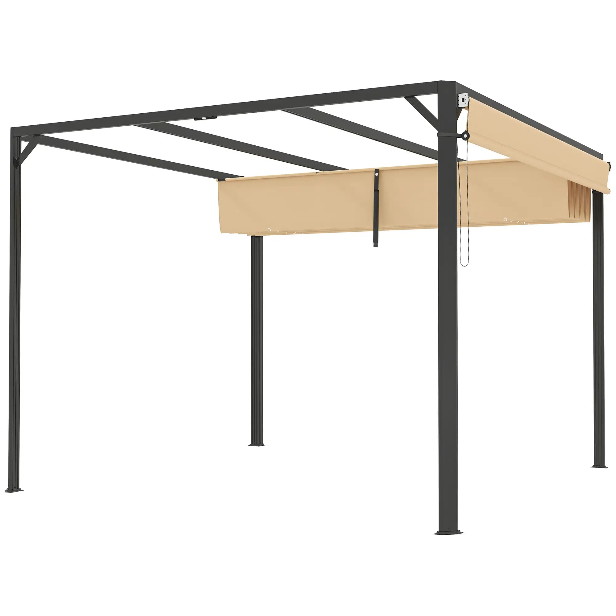 3m x 3m Aluminium Pergola With Retractable Roof and Wall - Khaki