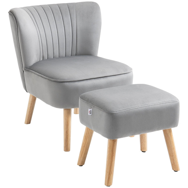 Velvet Accent Chair with Ottoman - Curved Back Tub Seat, Light Grey, Stylish Home Furniture