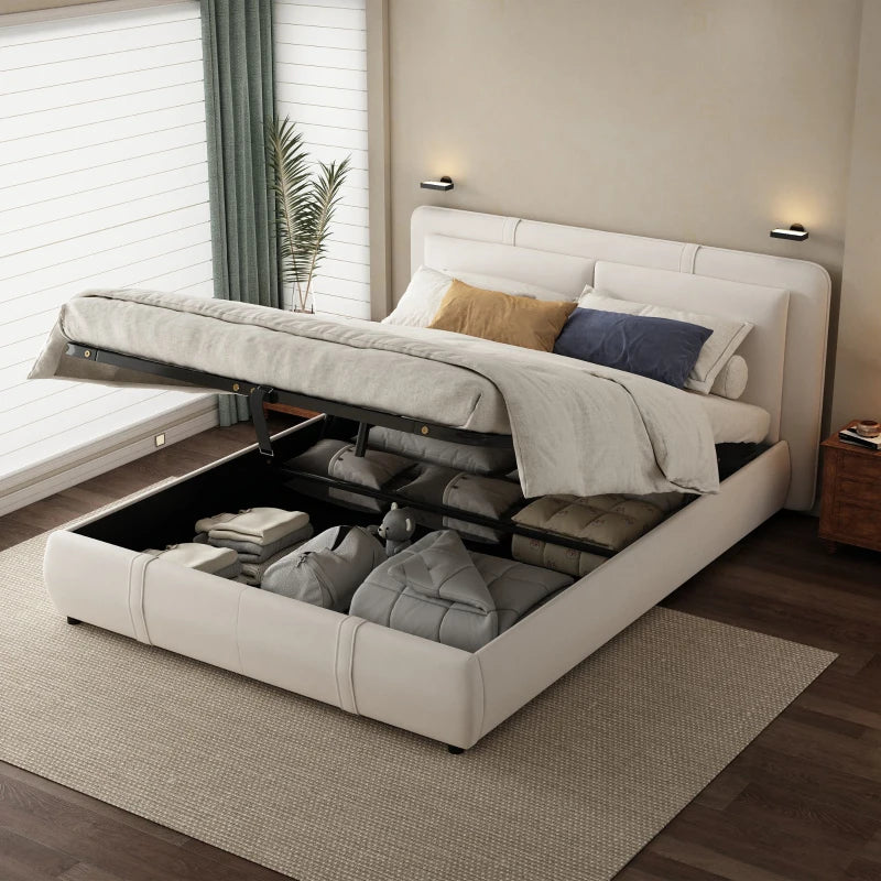 Upholstered Double Bed with Hydraulic Storage & Headboard - Full-Size Beige Bed for Bedding Storage, 210x159x90 cm