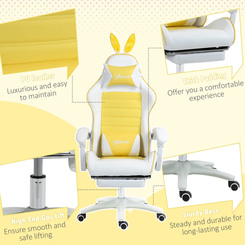 Vinsetto Yellow Reclining Racing Gaming Chair with Headrest, Lumbar Support, Footrest & Removable Rabbit Ears - PU Leather