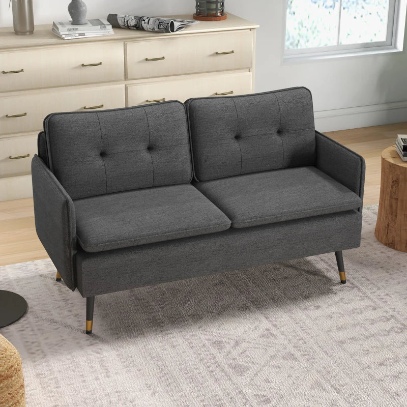 Modern Two-Seater Sofa with Button Tufting and Cushions, Stylish Loveseat for Living Room or Guest Room, Dark Grey