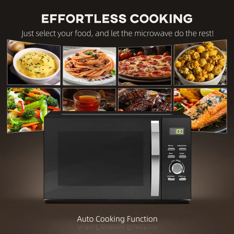 Compact 800W Black Microwave Oven - Digital Solo, 5 Power Levels, 8 Auto Cook Menus, 60 Min Timer, Easy Clean
