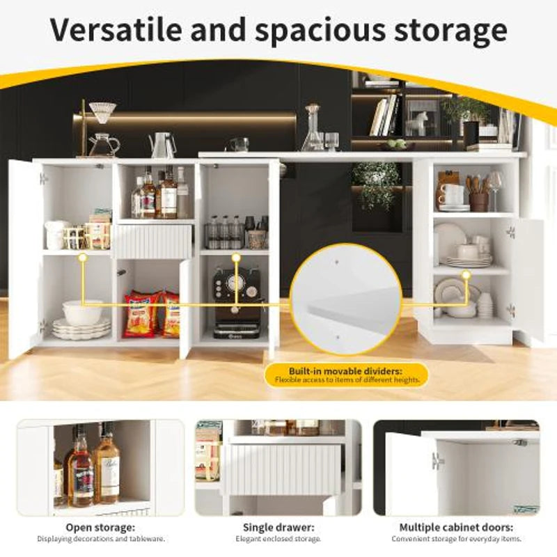 360° Swiveling Bar Table with Marble Top & Open Storage - Stylish Kitchen & Living Room Furniture, 198.5L x 30W x 72.5H cm, White