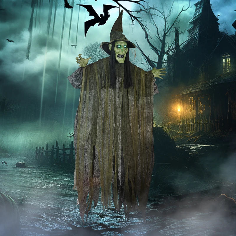 170 cm Life Size Animated Witch with Glowing LED Eyes - Spooky Halloween Decoration, Battery Operated Indoor Party Prop