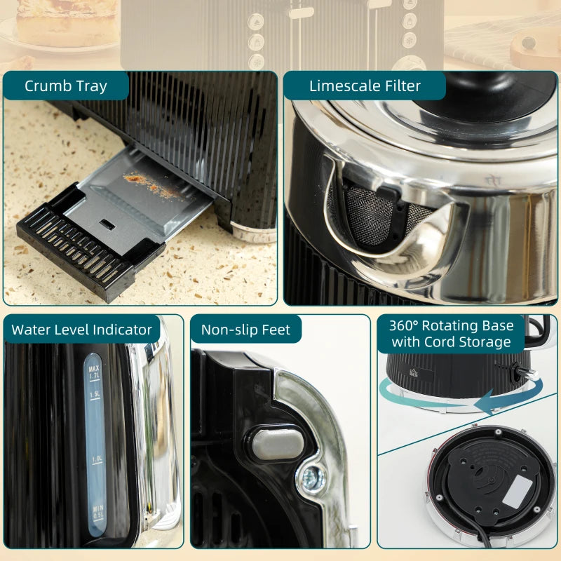 Electric Stainless Steel Kettle & Toaster Set - 3000W Fast Boil 1.7L Kettle with Limescale Filter & 4 Slice Toaster - Black