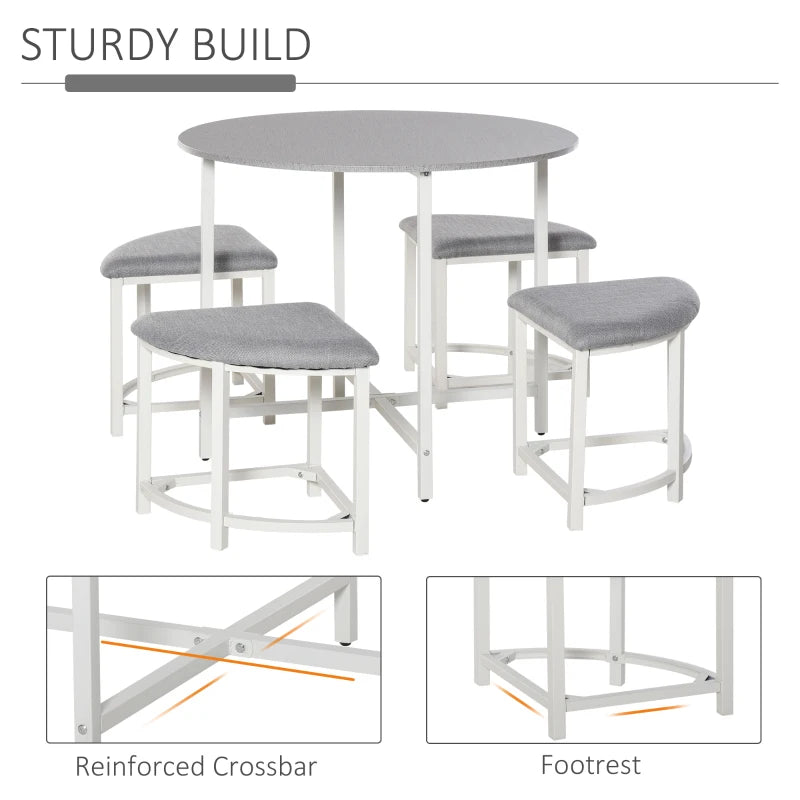Modern Grey Round Dining Table Set with 4 Upholstered Stools - Stylish Kitchen & Dining Room Furniture