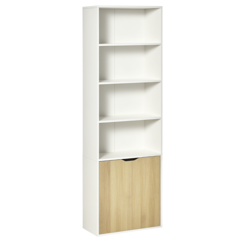 6-Tier Tall Bookcase with 4 Open Shelves & Double Door Storage Cabinet - Freestanding Display Rack for Living Room, Bedroom, Home Office - White & Oak