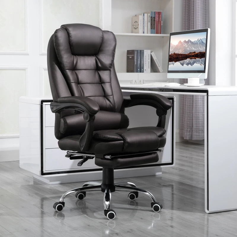 PU Leather Executive Office Chair - High Back Swivel with Retractable Footrest, Adjustable Height & Reclining Function in Brown