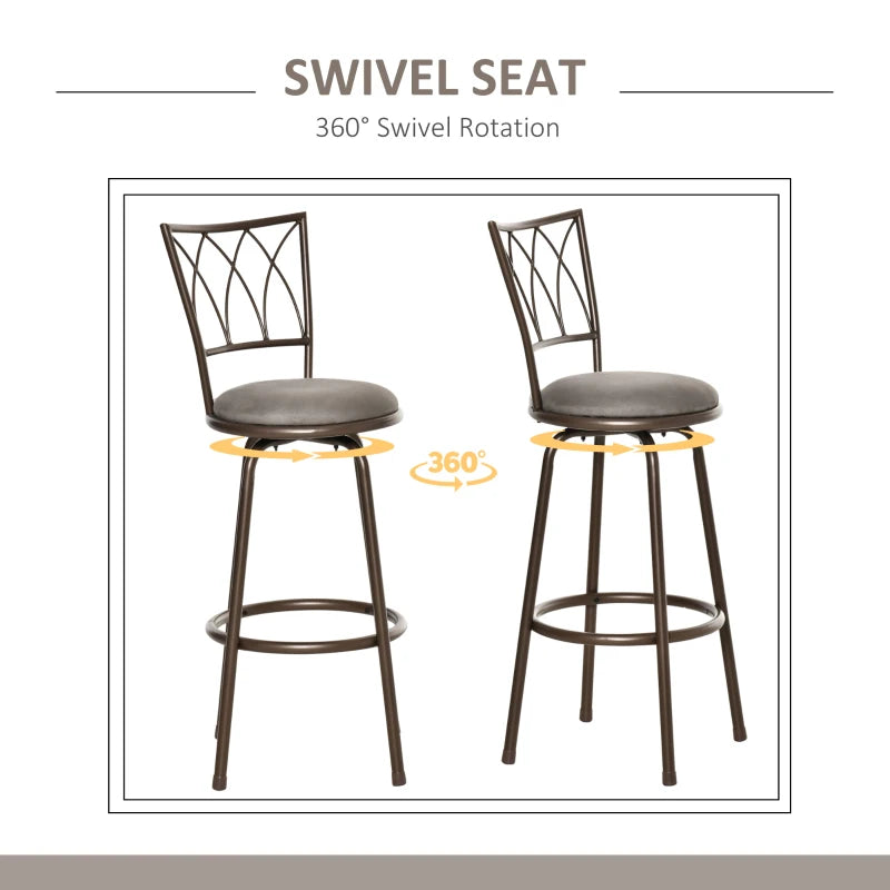 Set of 2 Swivel Bar Chairs - Armless Upholstered Metal Frame Barstools with Backrest & Footrest in Bronze