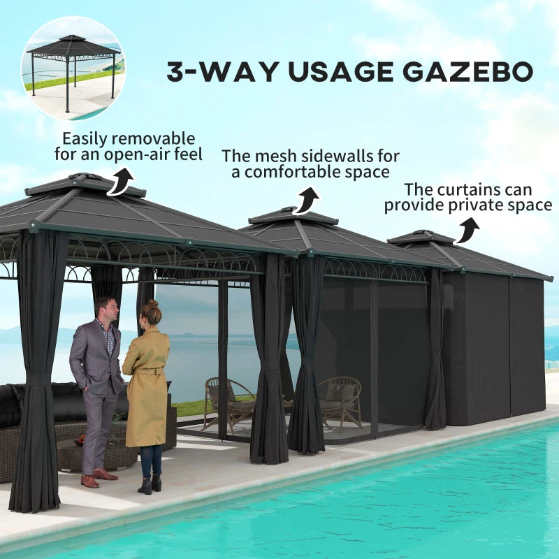 3 x 3 m Dark Grey Outdoor Polycarbonate Gazebo - Double Roof Hard Top with Galvanised Steel Frame, Nettings & Curtains for Garden, Lawn, Patio and Deck