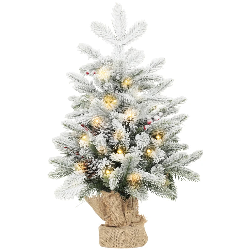 60 cm Prelit Small Christmas Tree - 35 LED Lights, Snow Flocked Mini Xmas Tree with Pine Cones & Berry Clusters