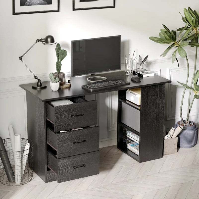 Modern Black Computer Desk with 3 Storage Shelves & Drawers - Stylish Writing Table for Home Office Workstation
