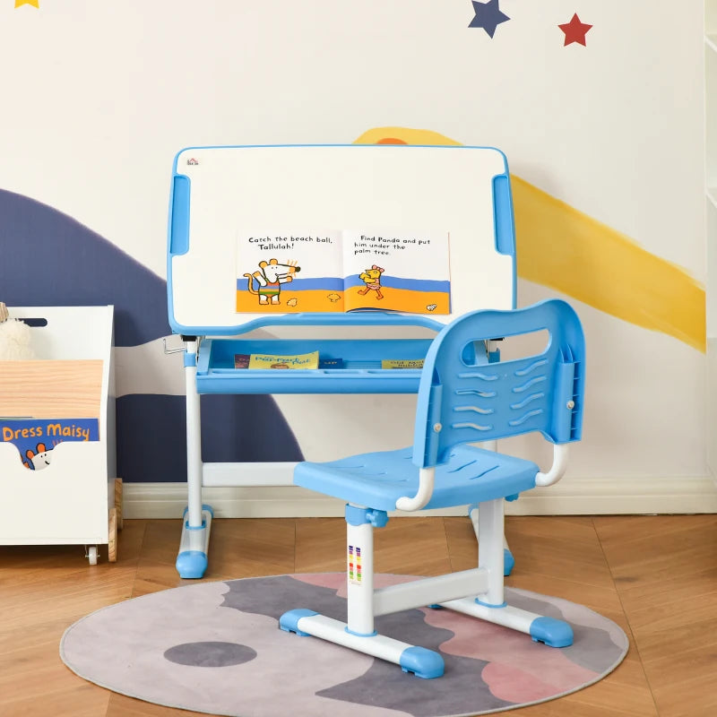 Kids Height Adjustable Desk and Chair Set - Blue, Tiltable Study Table with Drawer, Pen Slot & Hook for Students