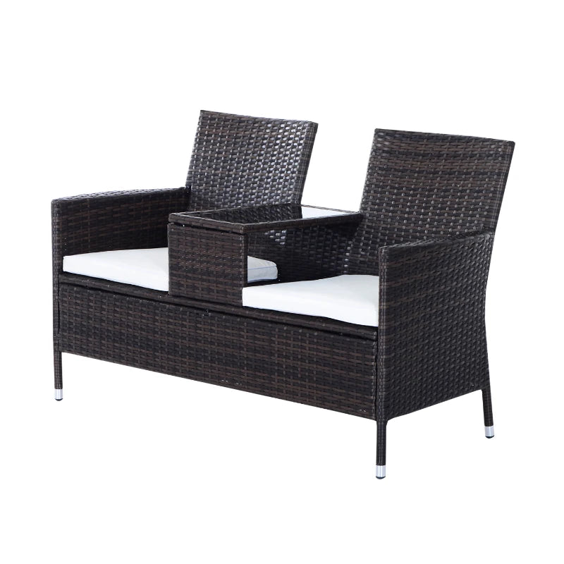 Brown Rattan 2-Seater Chair Set with Middle Tea Table