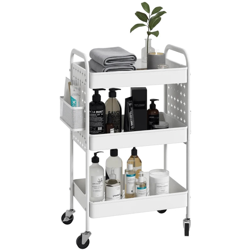 3-Tier Rolling Storage Trolley with Mesh Baskets, Hanging Boxes & Hooks - Versatile Utility Cart for Kitchen & Living Room - White