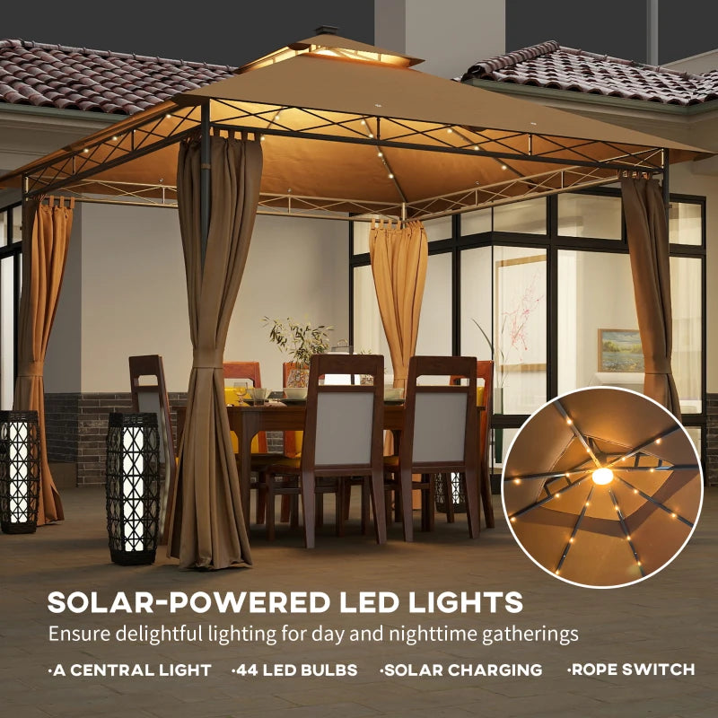 3 x 3 m Brown Garden Gazebo with Double Roof, Curtains & Solar-Powered LED Lights - Outdoor Canopy Shelter for Patio & Deck