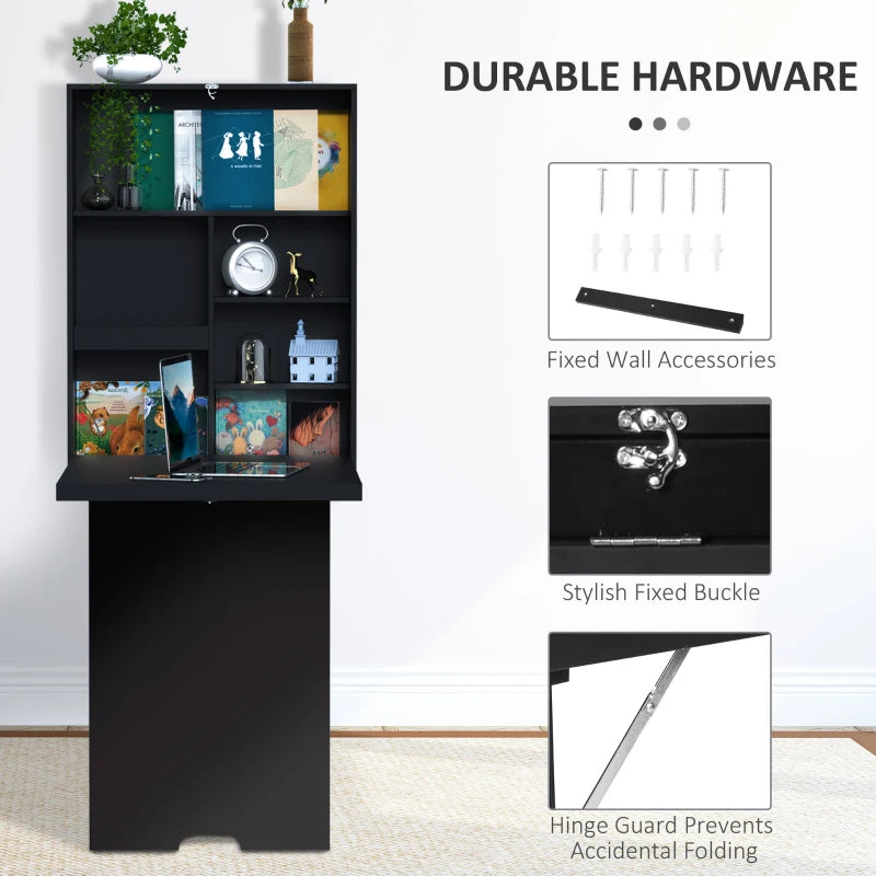 Folding Wall-Mounted Drop-Leaf Table with Chalkboard & Storage Shelf - Multifunctional Floating Desk for Home Office - Black