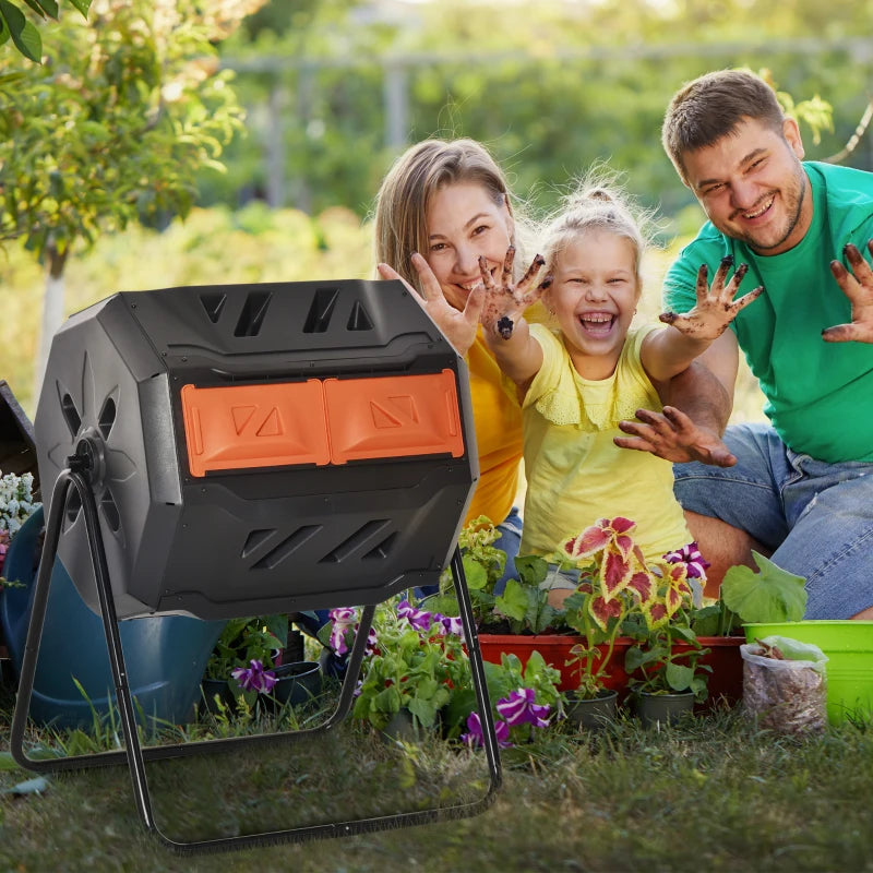 Orange Dual Chamber 160L Rotating Compost Bin for Garden