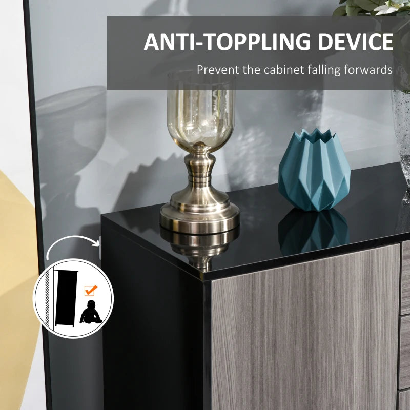 High Gloss Side Cabinet with Push-Open Design, 2 Drawers & 2 Cabinets, Light Grey & Black, 74H x 117W x 36Dcm