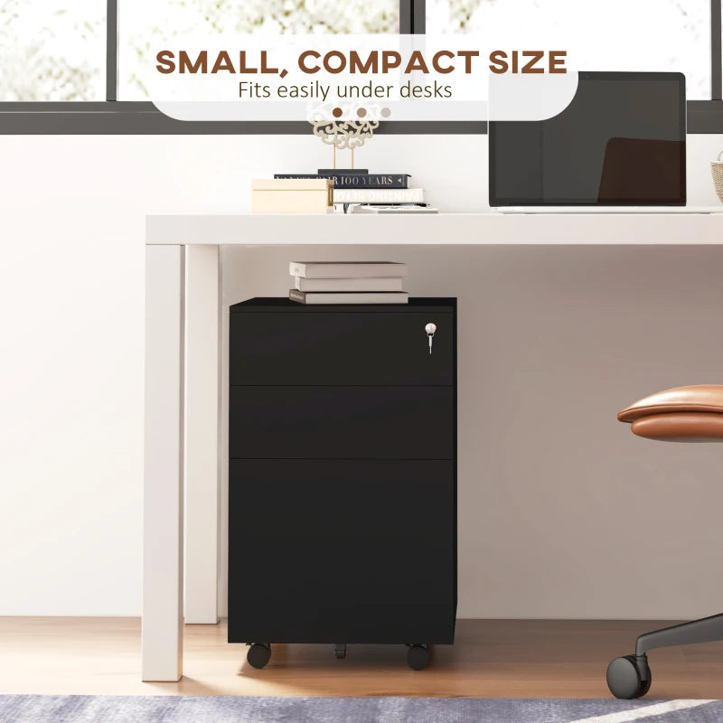 Vinsetto 3-Drawer Vertical Filing Cabinet - Mobile Steel File Cabinet with Lock, Pencil Tray & 5 Wheels, Pre-Assembled, Black