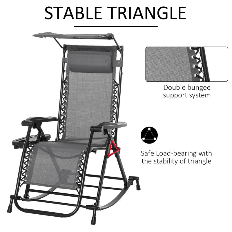 Grey Folding Rocking Sun Lounger Chair with Headrest and Side Holder