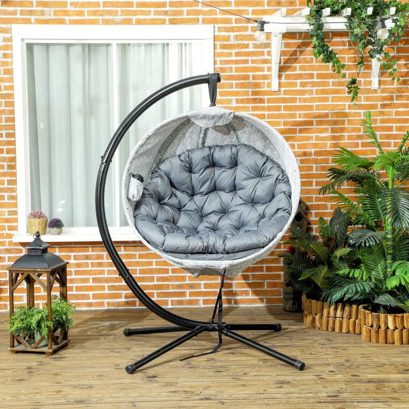 Hanging Egg Chair - Grey Outdoor Indoor Garden Swing Chair with Folding Basket, Stand, Thickened Cushion & Cup Holder - Perfect for Patio & Balcony