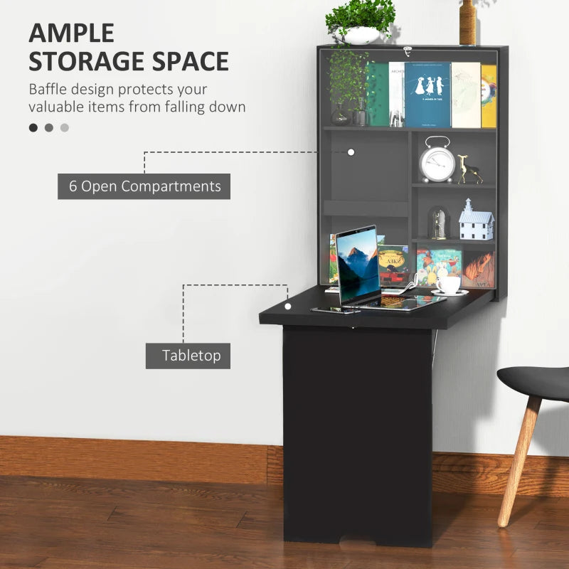 Folding Wall-Mounted Drop-Leaf Table with Chalkboard & Storage Shelf - Multifunctional Floating Desk for Home Office - Black