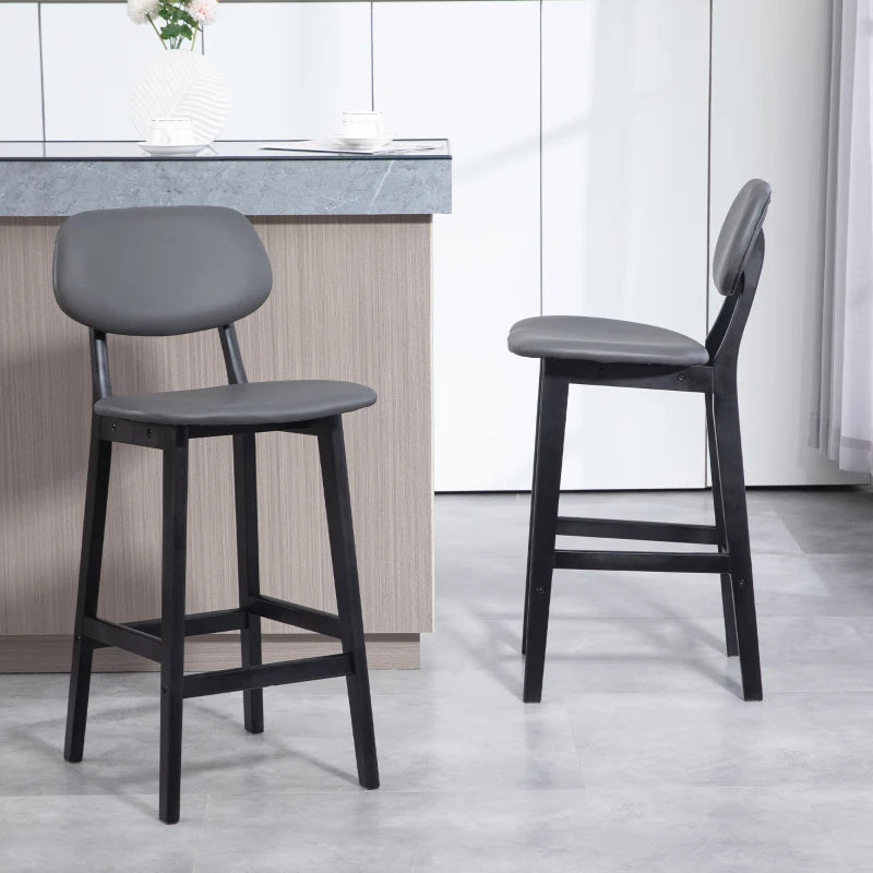 Set of 2 Dark Grey Bar Stools - PU Leather Kitchen Chairs with Backs & Footrests, Solid Wood Legs