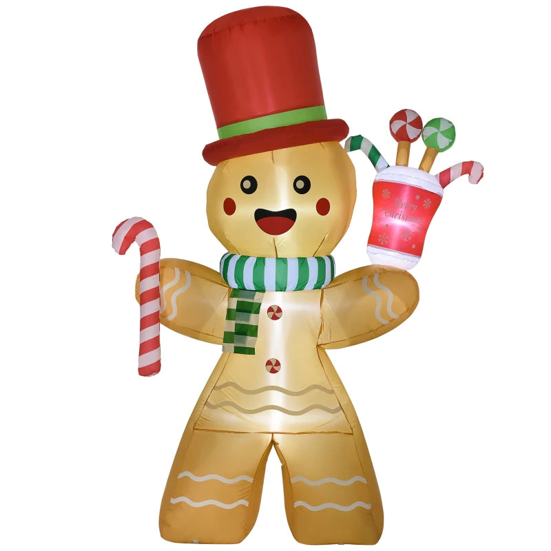 7.5ft Inflatable Gingerbread Man with Candy Cane & LED Lights - Outdoor Christmas Lawn Decoration for Parties & Holiday Displays