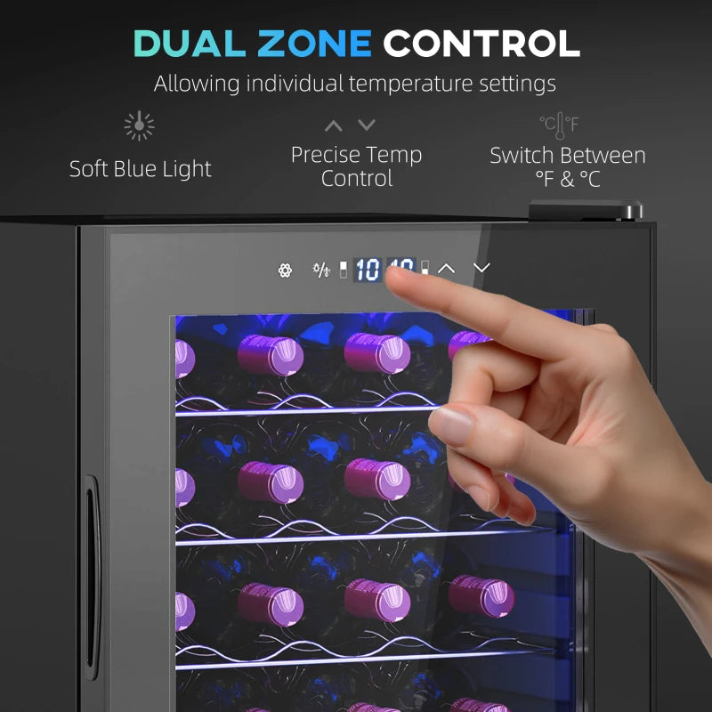 32 Bottle Dual Zone Wine Fridge - Black, Adjustable Temperature 5-18°C, Perfect for Wine Lovers & Collectors