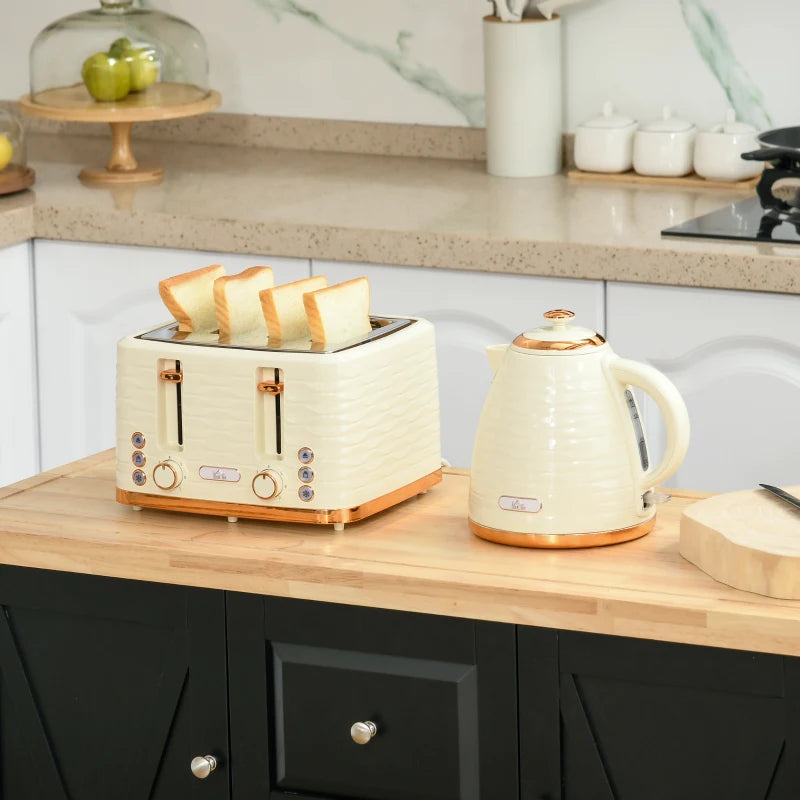 3000W Beige Kettle & 4 Slice Toaster Set - 1.7L Rapid Boil, 7 Browning Controls, Easy Clean Crumb Tray