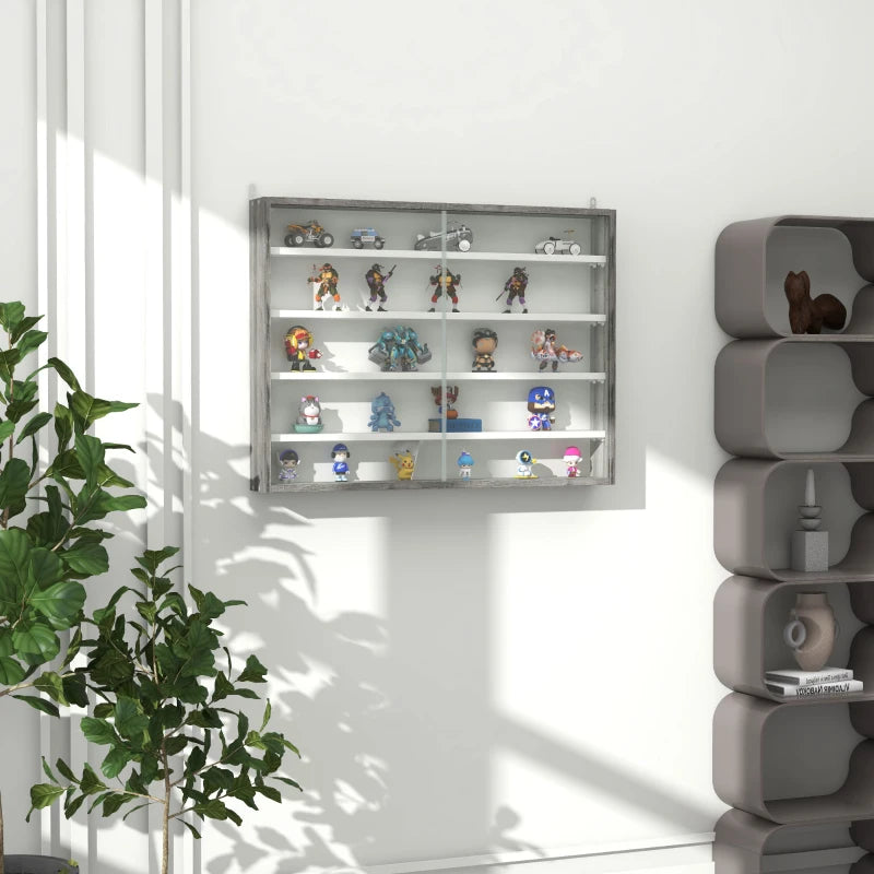 5-Tier Wall Display Shelf Unit with 4 Adjustable Shelves & Glass Doors - Grey Wood Grain Cabinet for Home Office Decor 60x80cm