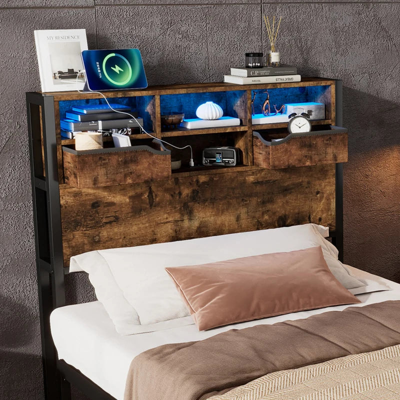 Modern Metal Single Bed with LED Lights & USB Charging Ports, Sturdy Iron Slats, Black & Natural, 209x90.5x114.5 cm