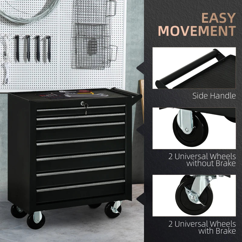 Black 7-Drawer Rolling Tool Chest on Wheels - Fully Lockable Tool Cabinet with Side Handle