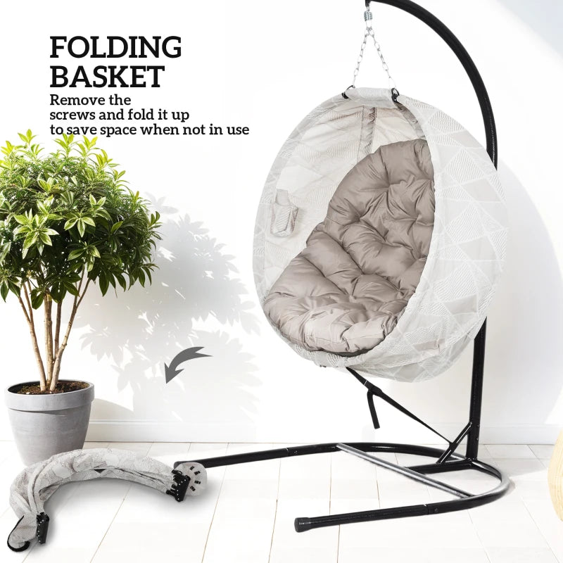 Hanging Egg Chair - Outdoor Indoor Garden Swing Chair with Folding Basket, Thickened Cushion, Cup Holder - Sand Brown - Perfect for Patio and Balcony